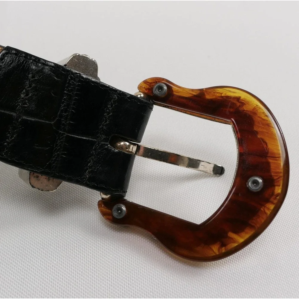 VTG Brighton Black Leather Croc Belt Amber Inlay Embossed Silver Buckle '96 USA